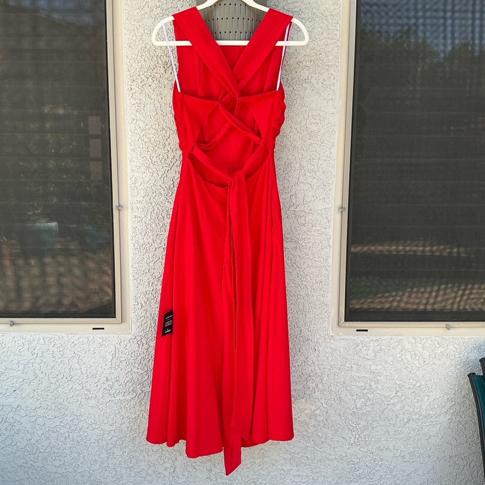 NWT Lulu’s Sunny Energy Red Lace-Up Midi Dress with Pockets Small Vacation Chic - Picture 5 of 14